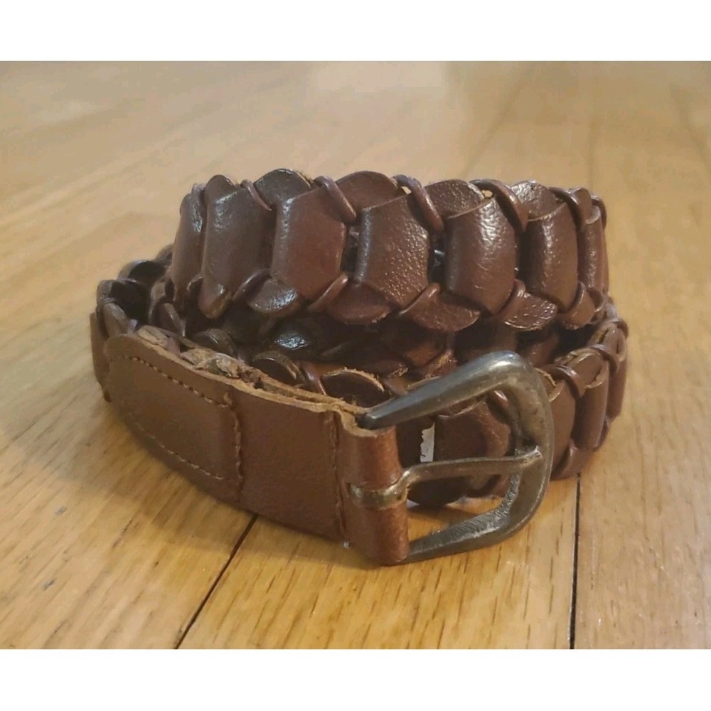 Boho Chain Link Woven Genuine Leather Belt Size L Brown Hippie Festival